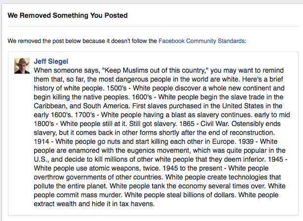 The original version of this post on Facebook. Someone was offended by it and it was removed.